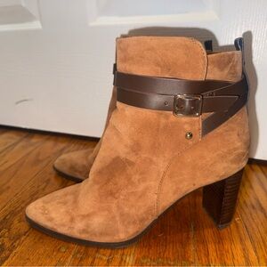 Essex Lane Tan Suede Ankle Boots with Dark Brown Buckle